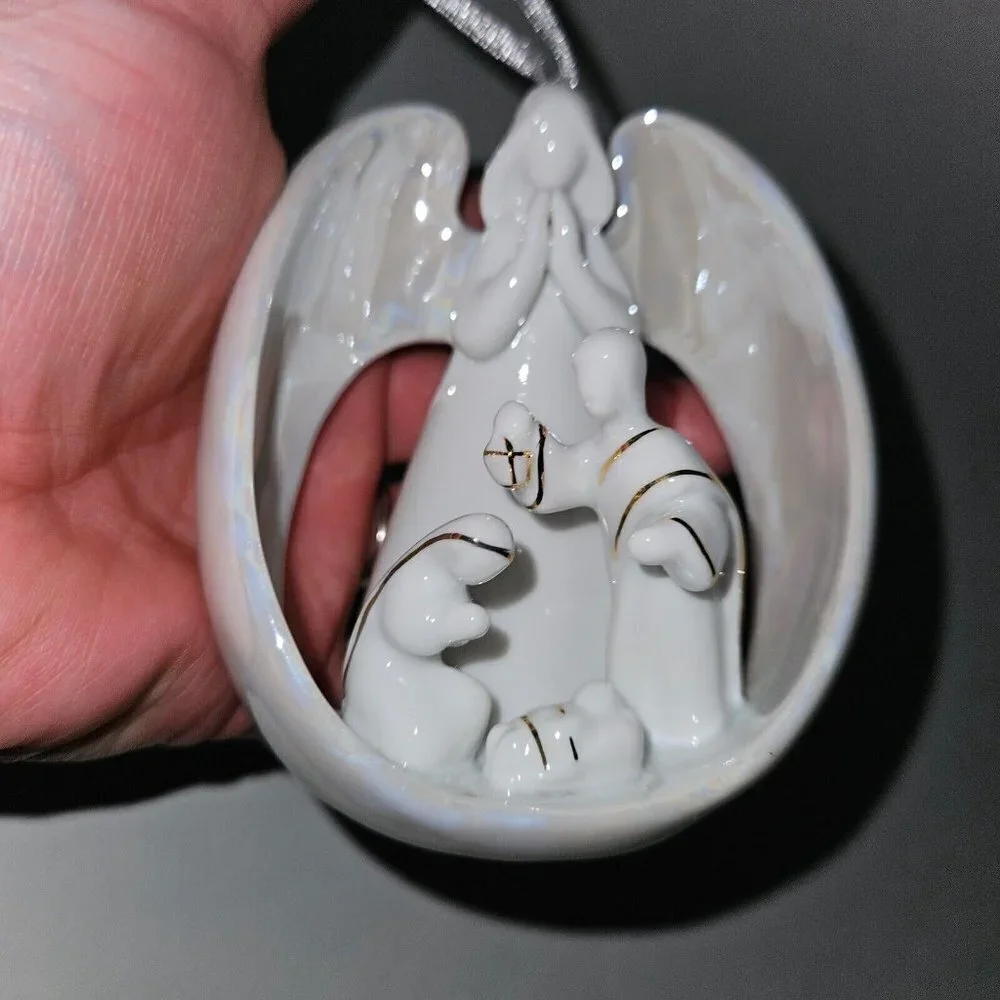 Appletree Design Angel & Holy Family Ornament Porcelain Gold Nativity Jesus Mary